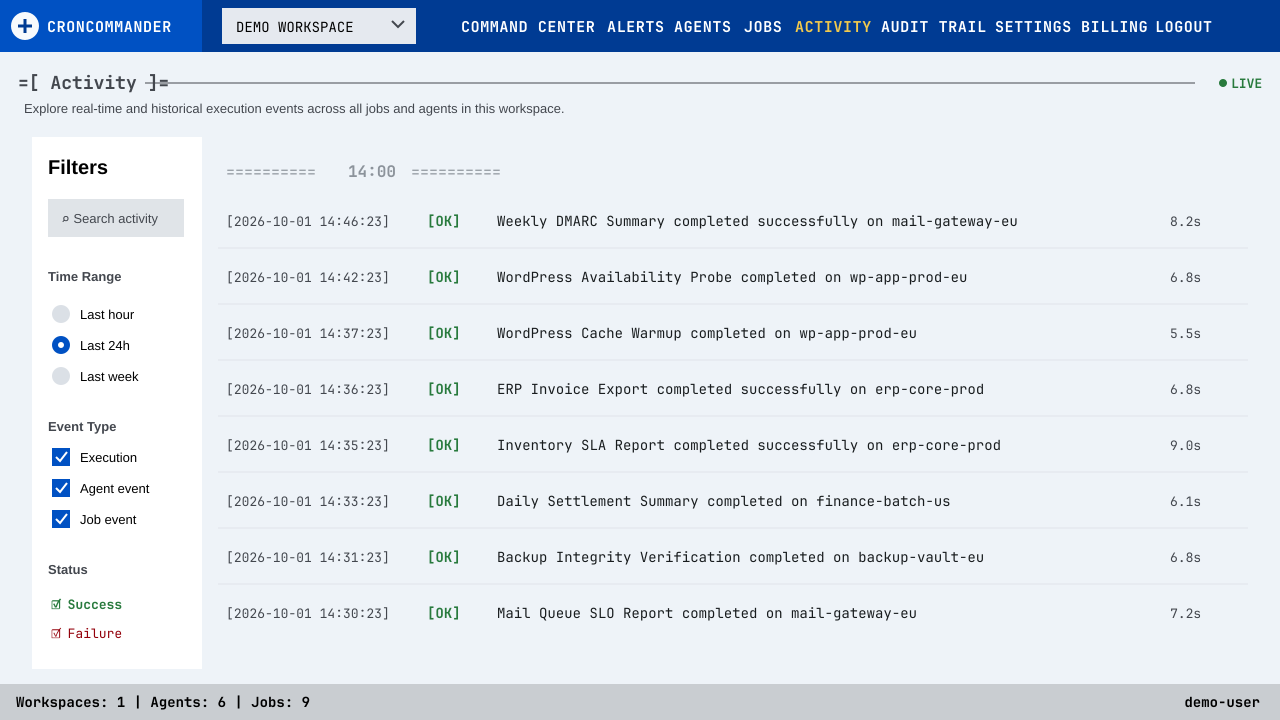 Activity demo showing filtered execution events with timestamps, agents, results, and durations